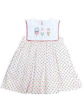 KREWE Swiss Dot Girls Popsicle White Dress with Red and Navy Dot Trim
